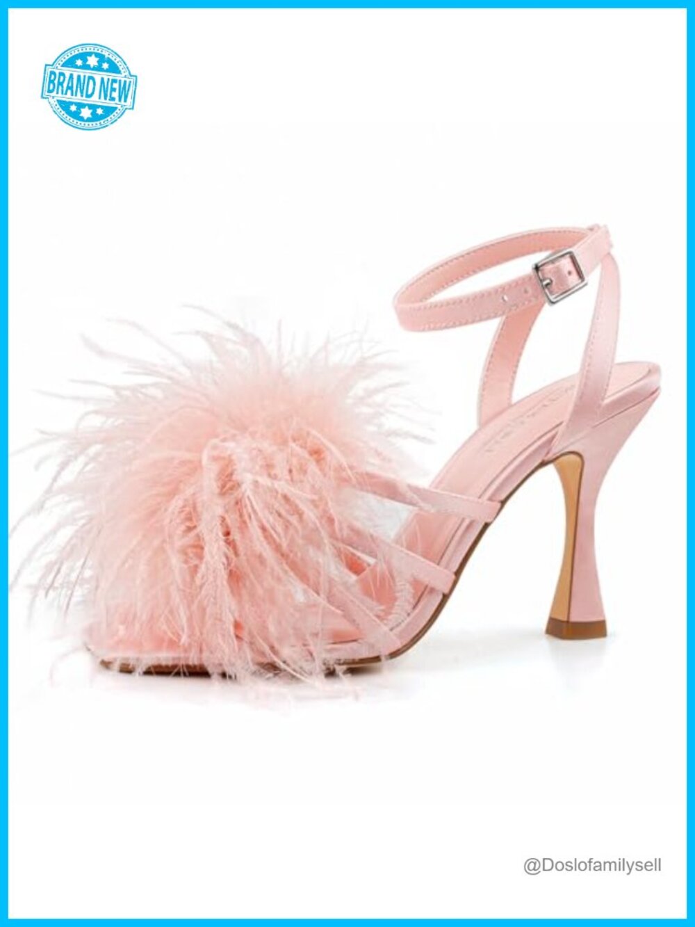 Satin Fluffy Feather High Heeled Sandals Square Open Toe Stiletto